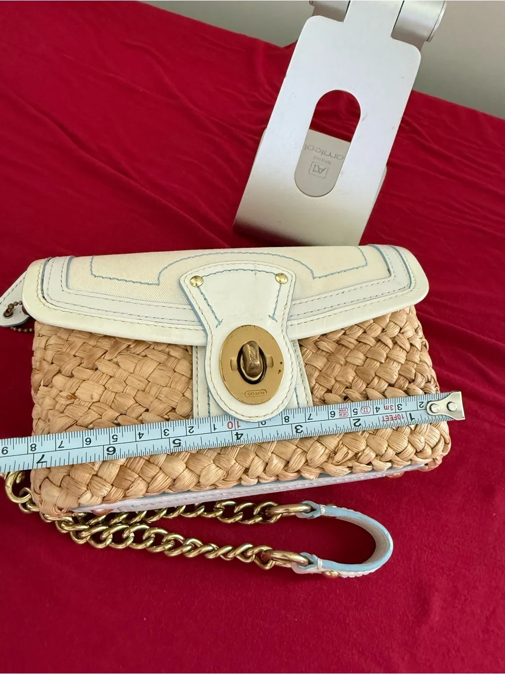 Coach Natural Straw and White Leather Turnlock Crossbody